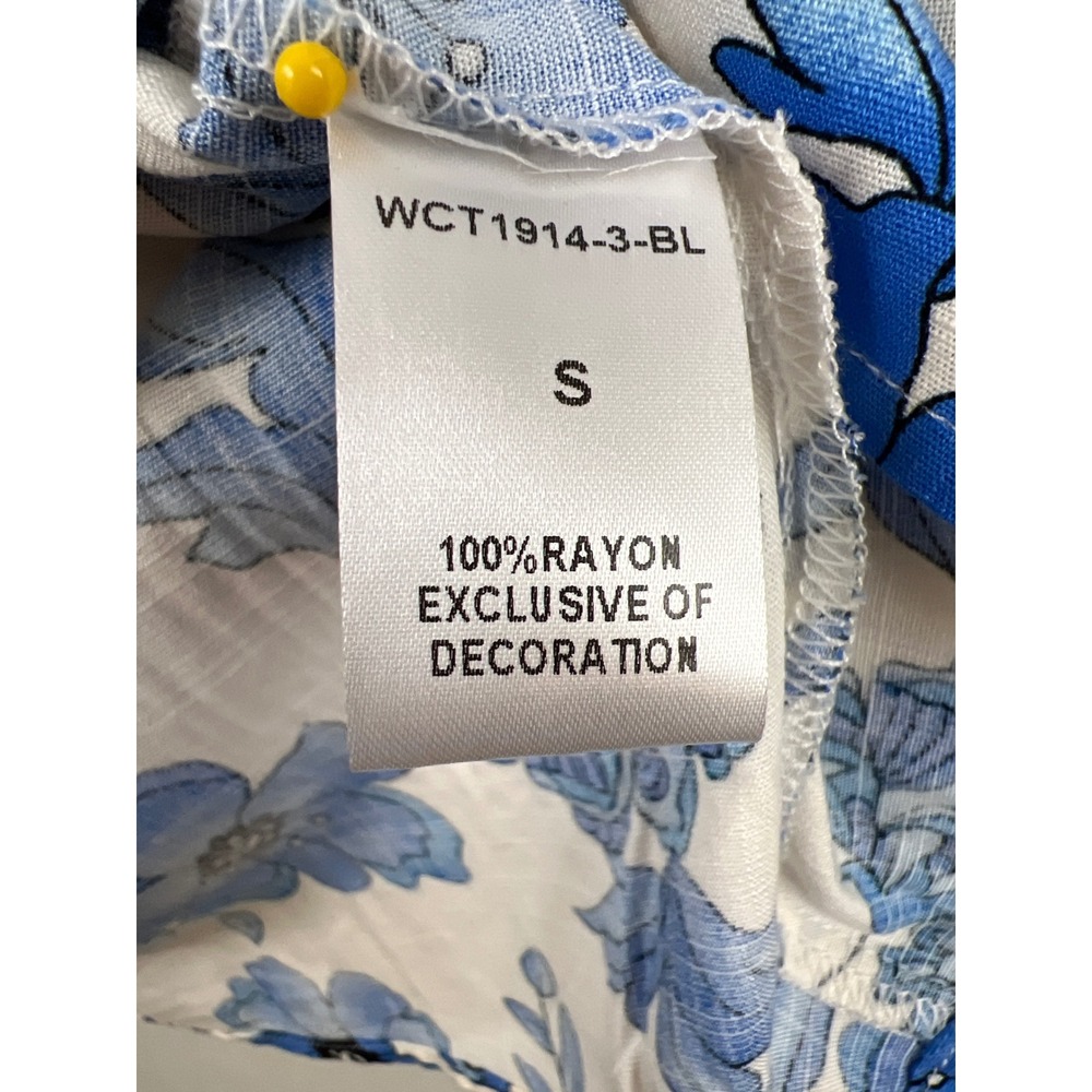 THML Floral Blouse Womens Small Blue White Ruffle Mock Neck Smocked Short Sleeve - Picture 3 of 9